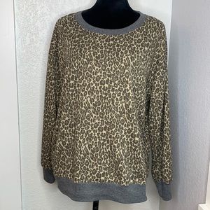 Splendid leopard print long sleeve sweat shirt top grey trim
